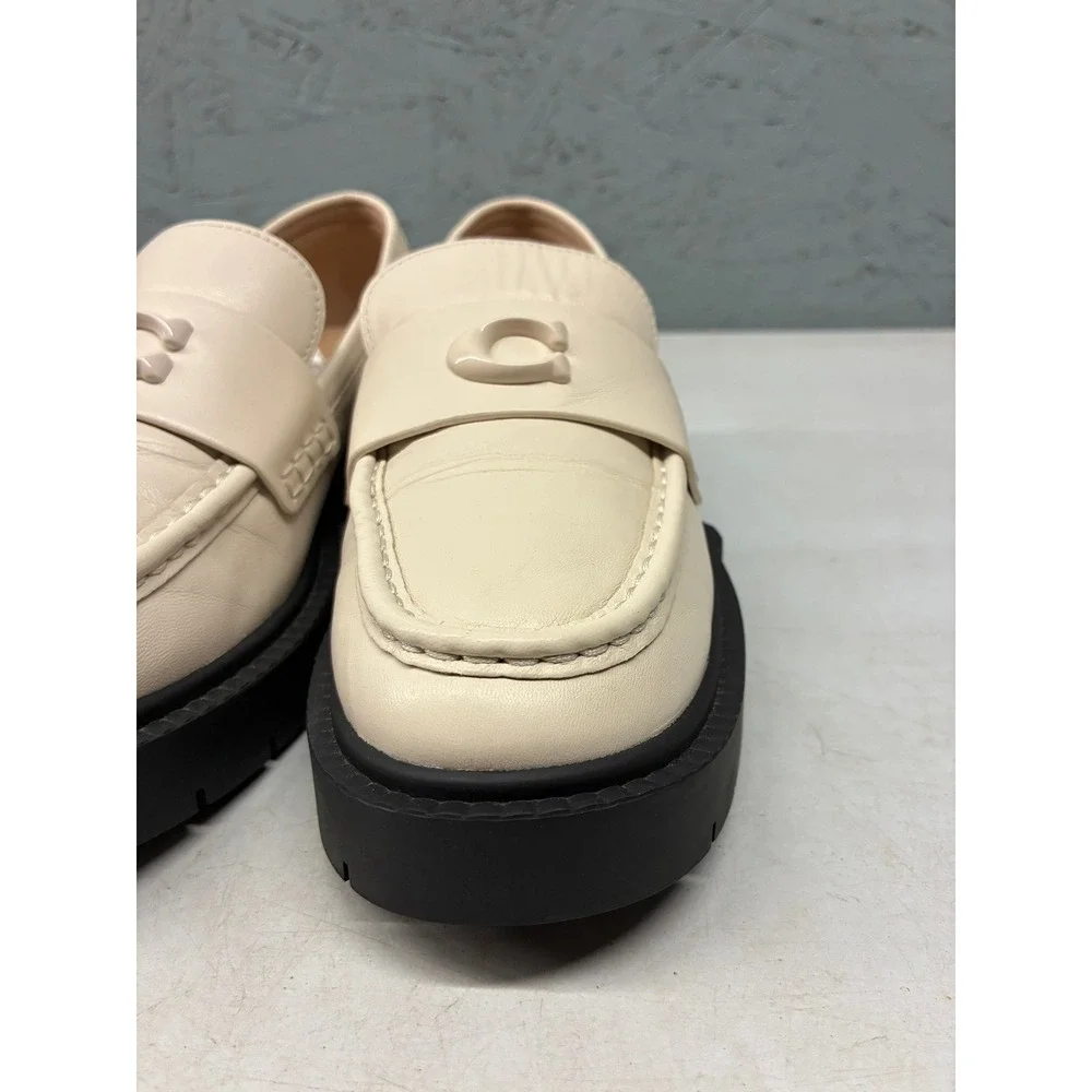 Coach Leah Platform Lug Sole Loafers Womens 7 Off White Leather C Logo CB990
